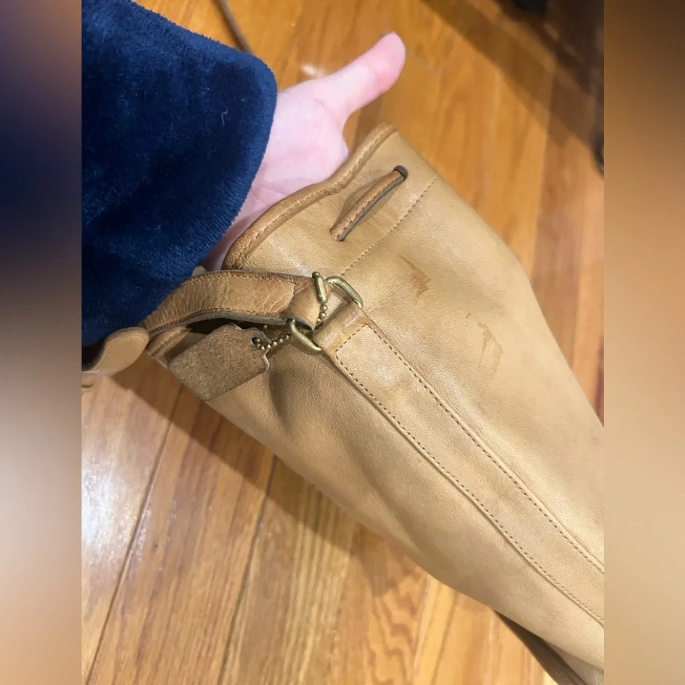 Coach Leather Drawstring Bucket Backpack in Tan